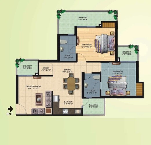 Floor plan of 2 BHK 1170 Sq. Ft. Apartment in Ajnara Homes, Greater Noida