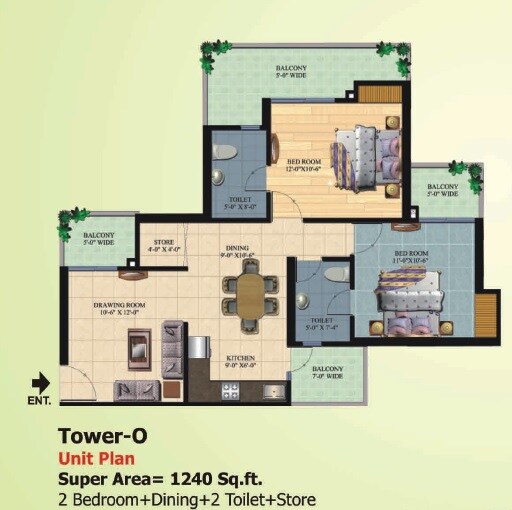 Floor plan of 2 BHK 1240 Sq. Ft. Apartment in Ajnara Homes, Greater Noida