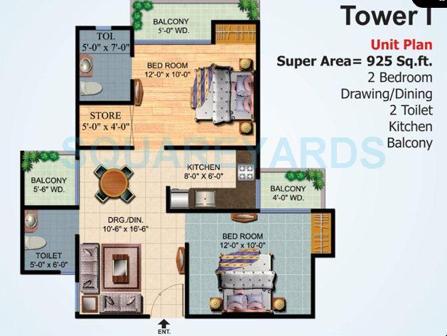 Floor plan of 2 BHK 925 Sq. Ft. Apartment in Ajnara Homes, Greater Noida