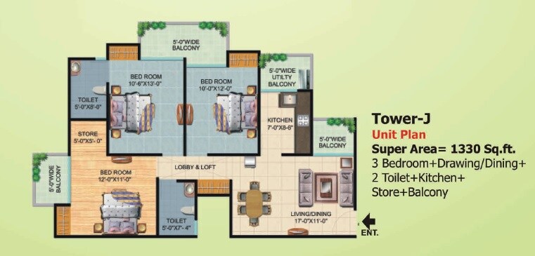 Floor plan of 3 BHK 1330 Sq. Ft. Apartment in Ajnara Homes, Greater Noida