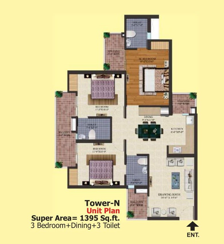 Floor plan of 3 BHK 1395 Sq. Ft. Apartment in Ajnara Homes, Greater Noida