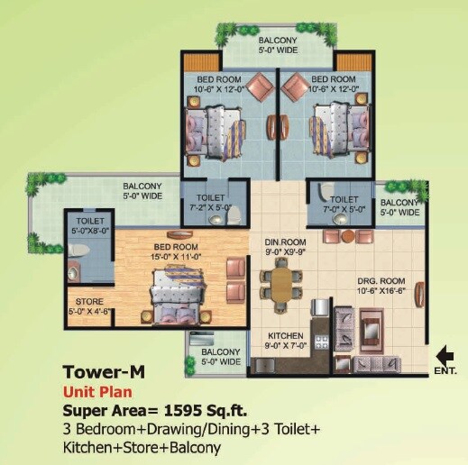 Floor plan of 3 BHK 1595 Sq. Ft. Apartment in Ajnara Homes, Greater Noida