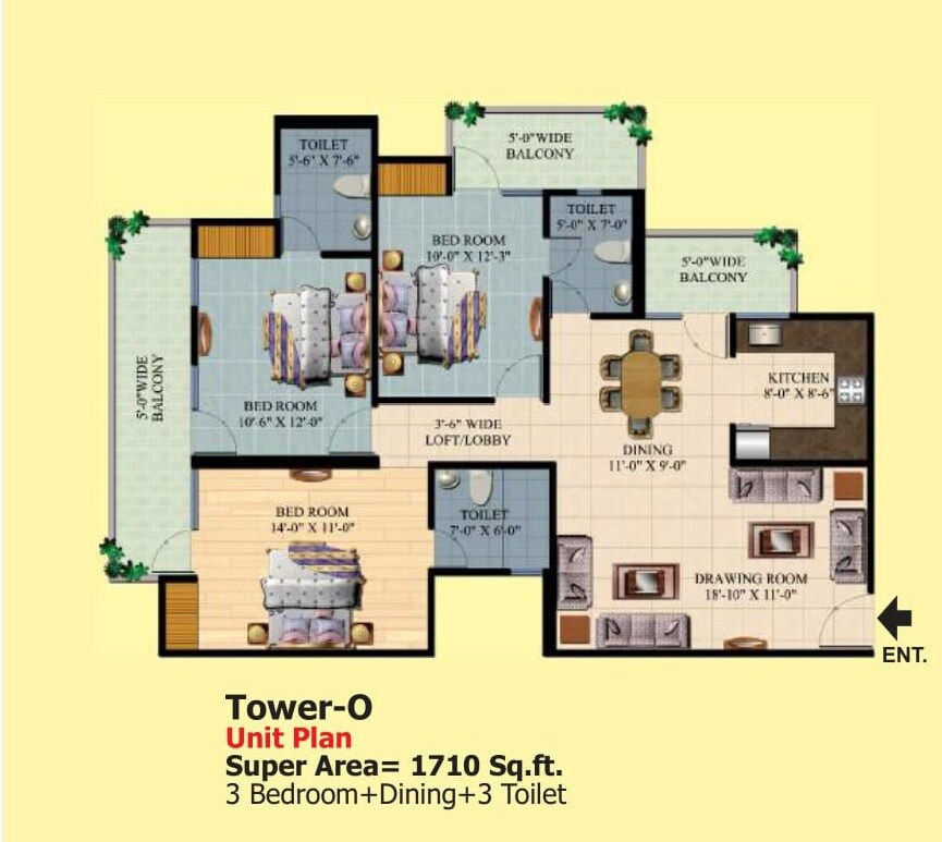 Floor plan of 4 BHK 1710 Sq. Ft. Apartment in Ajnara Homes, Greater Noida