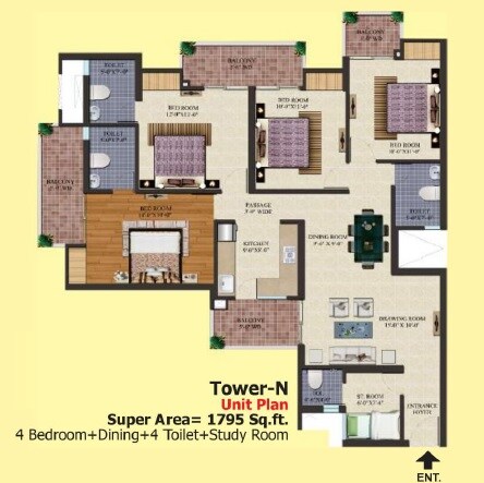 Floor plan of 4 BHK 1795 Sq. Ft. Apartment in Ajnara Homes, Greater Noida