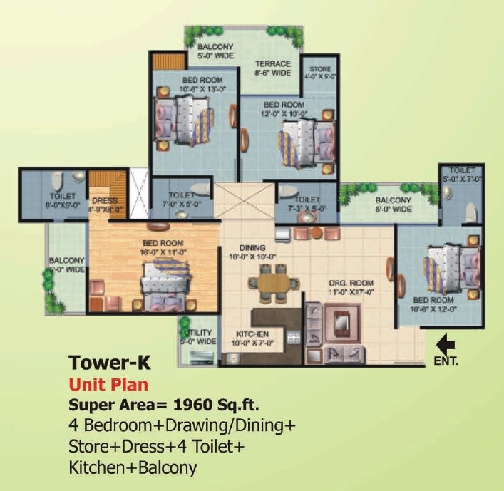 Floor plan of 4 BHK 1960 Sq. Ft. Apartment in Ajnara Homes, Greater Noida