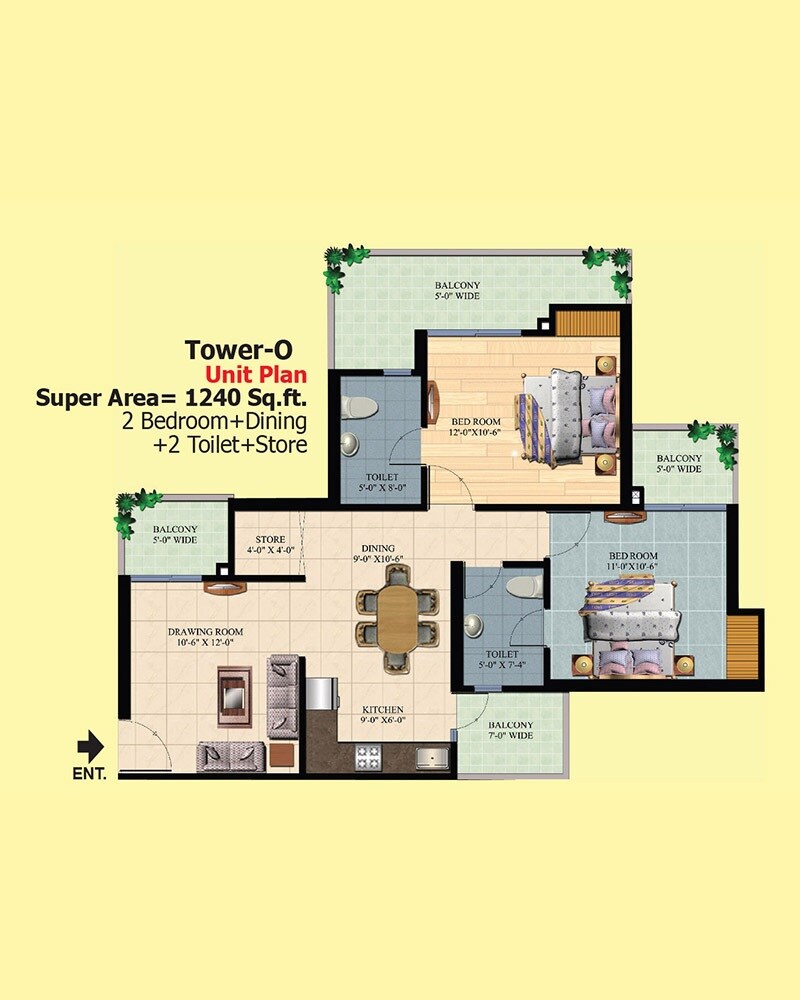 Floor plan of 2 BHK 1240 Sq. Ft. Apartment in Ajnara Homes Phase 2, Greater Noida