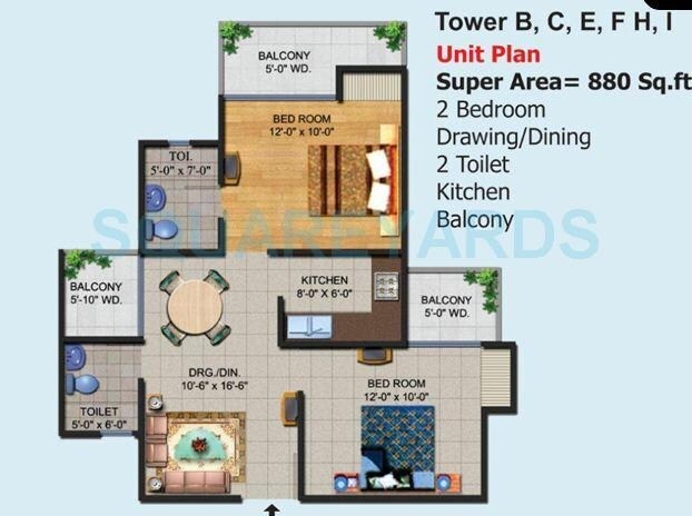 Floor plan of 2 BHK 880 Sq. Ft. Apartment in Ajnara Homes Phase 2, Greater Noida