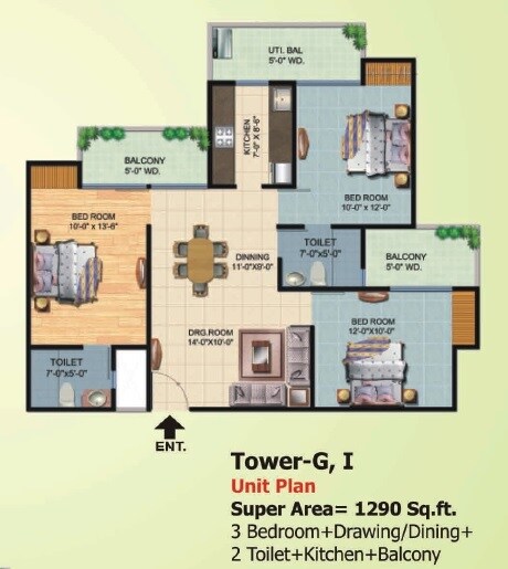 Floor plan of 3 BHK 1290 Sq. Ft. Apartment in Ajnara Homes Phase 2, Greater Noida