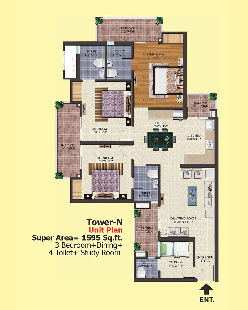Floor plan of 3 BHK 1595 Sq. Ft. Apartment in Ajnara Homes Phase 2, Greater Noida
