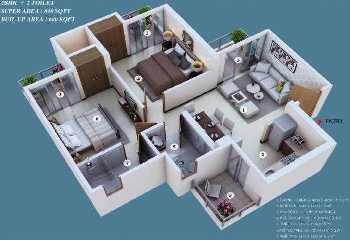 Floor plan of 2 BHK 895 Sq. Ft. Apartment in Ajnara Khel Gaon, Greater Noida