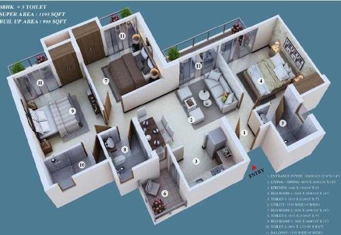 Floor plan of 3 BHK 1195 Sq. Ft. Apartment in Ajnara Khel Gaon, Greater Noida