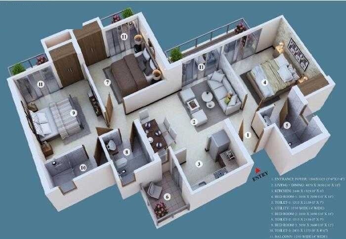 Floor plan of 3 BHK 1395 Sq. Ft. Apartment in Ajnara Khel Gaon, Greater Noida
