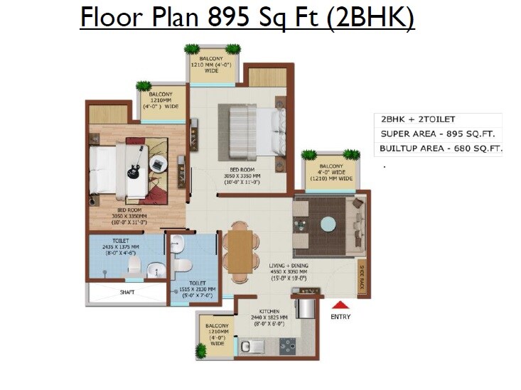 Floor plan of 2 BHK 895 Sq. Ft. Apartment in Ajnara Khel Gaon Phase 2 Tower P Q And R, Greater Noida