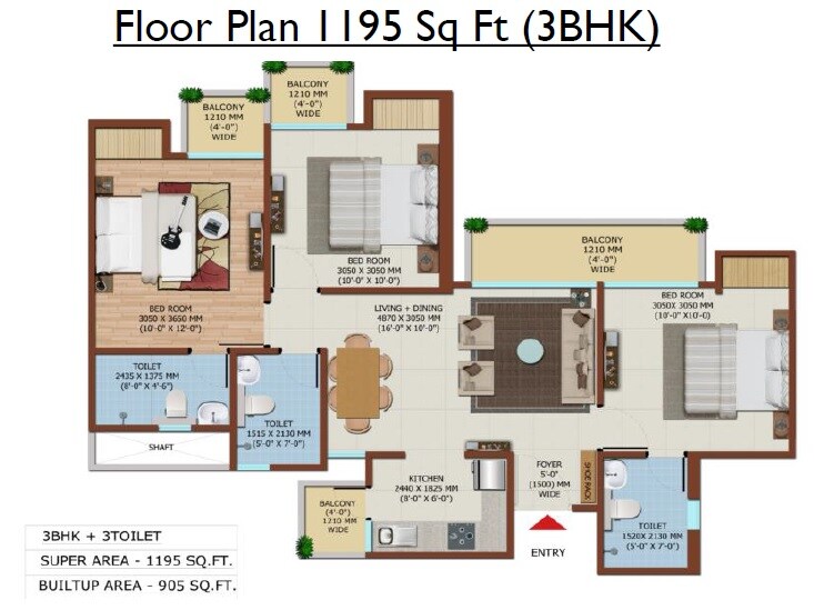 Floor plan of 3 BHK 1195 Sq. Ft. Apartment in Ajnara Khel Gaon Phase 2 Tower P Q And R, Greater Noida