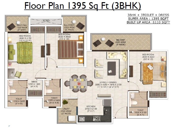 Floor plan of 3 BHK 1395 Sq. Ft. Apartment in Ajnara Khel Gaon Phase 2 Tower P Q And R, Greater Noida