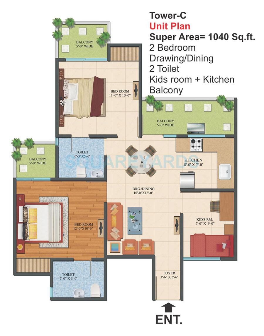Floor plan of 2 BHK 1040 Sq. Ft. Apartment in Ajnara Le Garden, Greater Noida