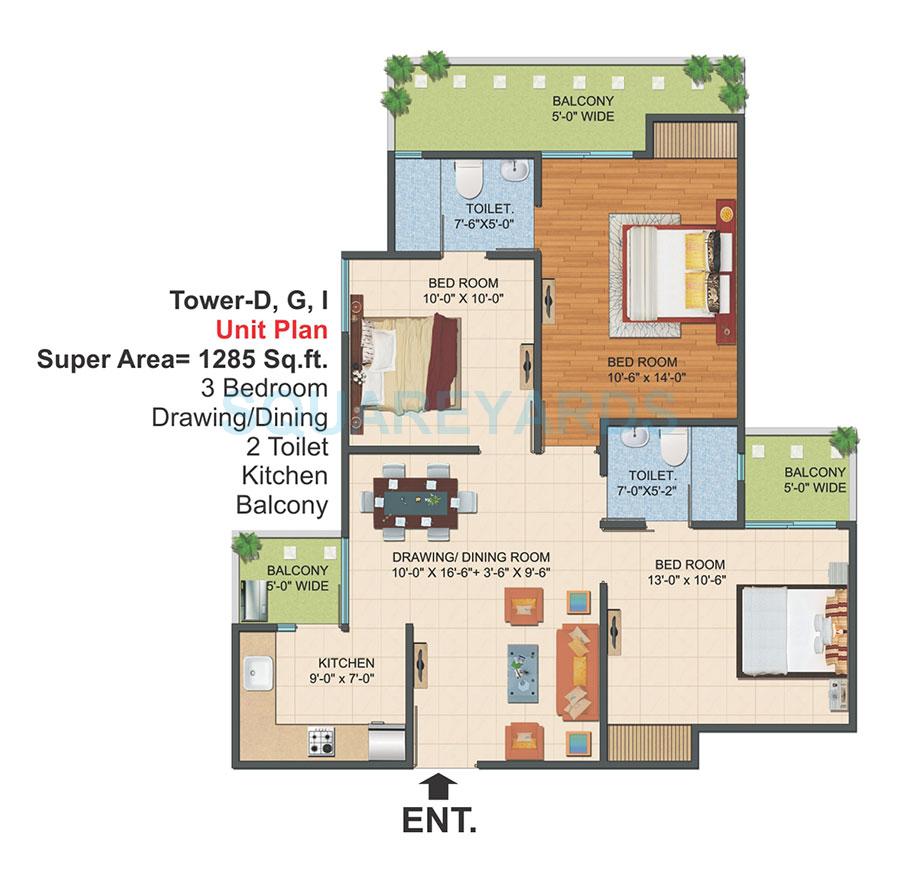 Floor plan of 3 BHK 1285 Sq. Ft. Apartment in Ajnara Le Garden, Greater Noida