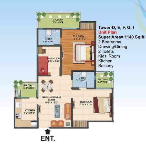 Floor plan of 2 BHK 1140 Sq. Ft. Apartment in Ajnara Le Garden Phase II, Greater Noida