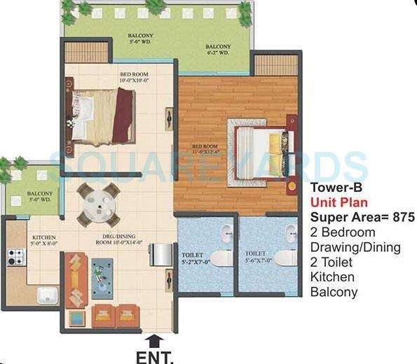 2 BHK 875 Sq. Ft. Apartment in Ajnara Le Garden Phase II