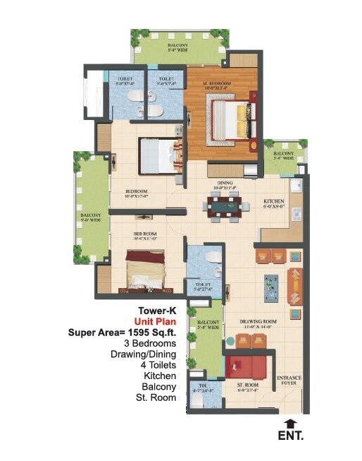 Floor plan of 3 BHK 1595 Sq. Ft. Apartment in Ajnara Le Garden Phase II, Greater Noida