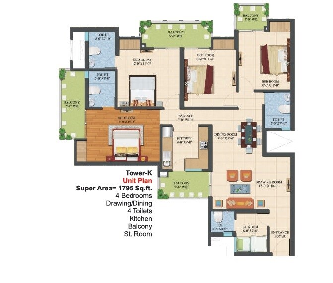 Floor plan of 4 BHK 1795 Sq. Ft. Apartment in Ajnara Le Garden Phase II, Greater Noida