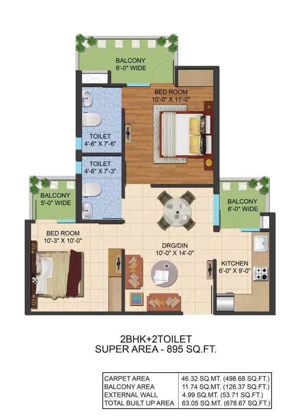 Floor plan of 2 BHK 895 Sq. Ft. Apartment in Ajnara Le Garden Prime Tower, Greater Noida