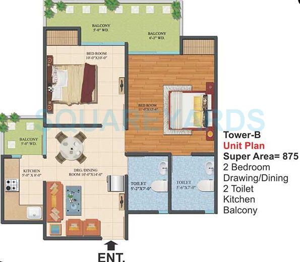 Floor plan of 2 BHK 875 Sq. Ft. Apartment in Ajnara Le Garden, Greater Noida