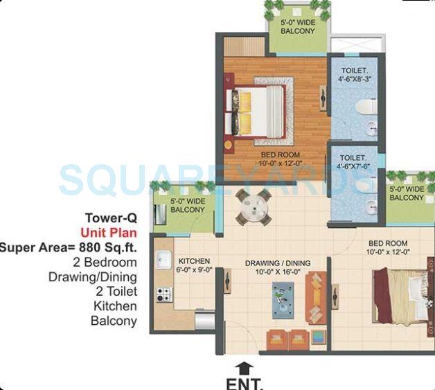 Floor plan of 2 BHK 880 Sq. Ft. Apartment in Ajnara Le Garden, Greater Noida