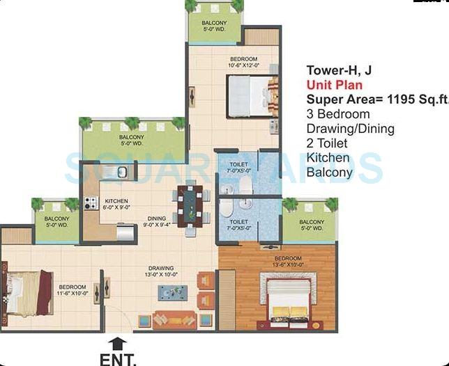 Floor plan of 3 BHK 1195 Sq. Ft. Apartment in Ajnara Le Garden, Greater Noida