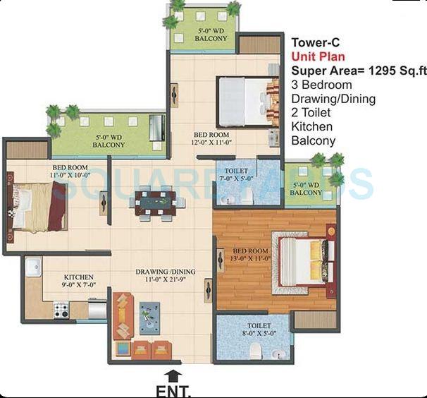 Floor plan of 3 BHK 1295 Sq. Ft. Apartment in Ajnara Le Garden, Greater Noida