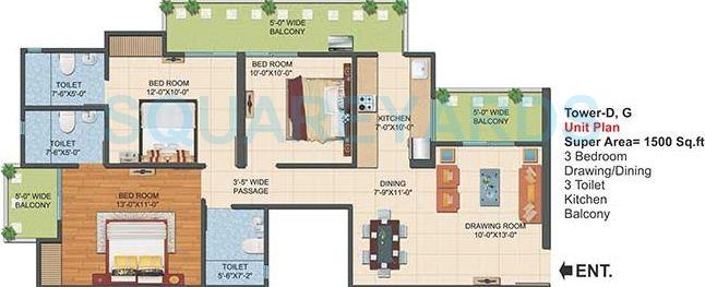 Floor plan of 3 BHK 1500 Sq. Ft. Apartment in Ajnara Le Garden, Greater Noida