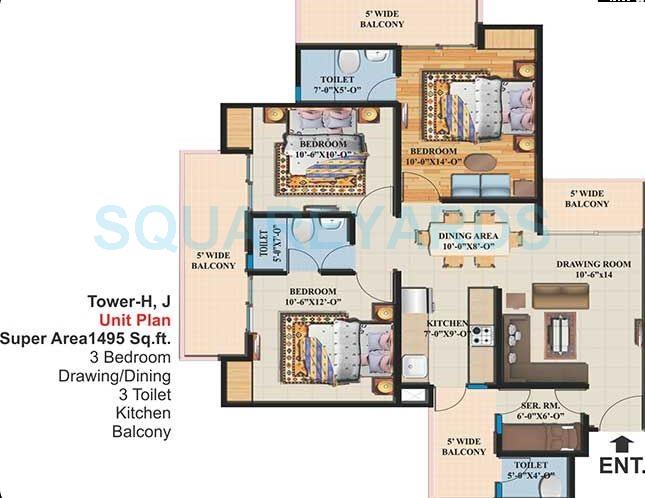 Floor plan of 3 BHK 1495 Sq. Ft. Apartment in Ajnara Le Garden, Greater Noida
