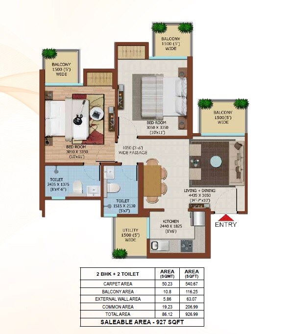 Floor plan of 2 BHK 927 Sq. Ft. Apartment in Ajnara Olive Greens, Greater Noida