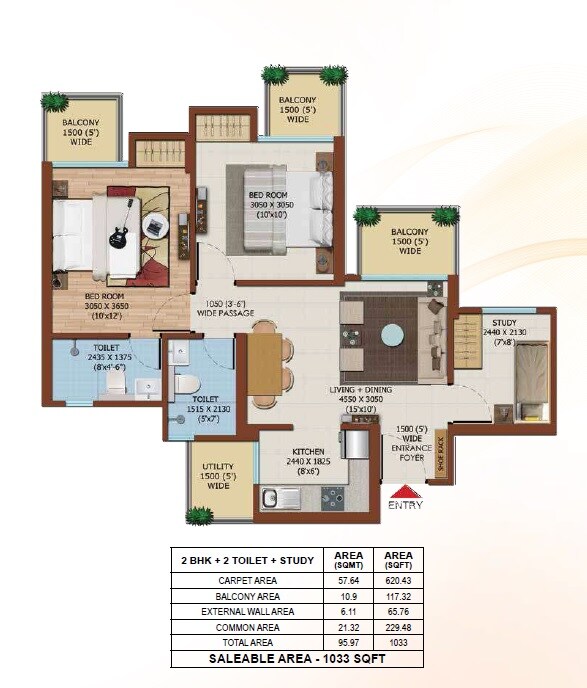 Floor plan of 2 BHK 1033 Sq. Ft. Apartment in Ajnara Olive Greens, Greater Noida
