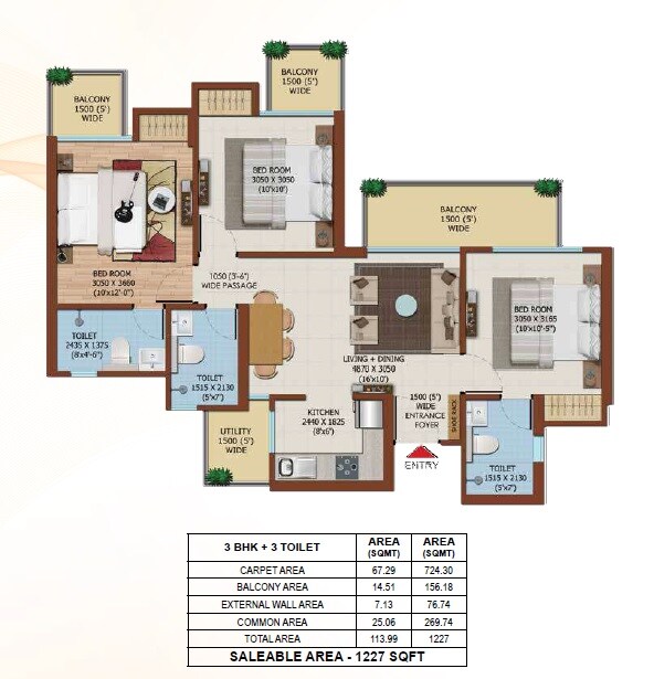Floor plan of 3 BHK 1227 Sq. Ft. Apartment in Ajnara Olive Greens, Greater Noida