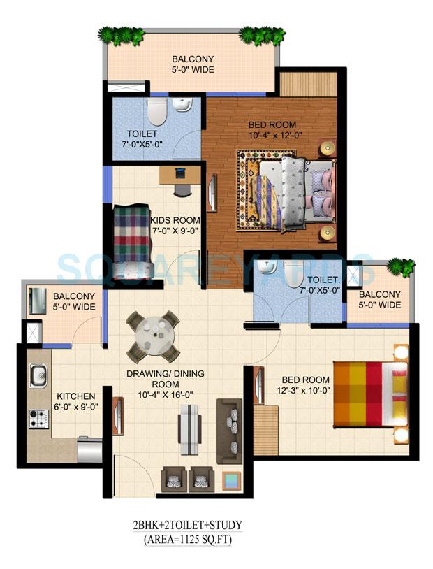 Floor plan of 2 BHK 1125 Sq. Ft. Apartment in Ajnara Panorama Facing F1, Greater Noida
