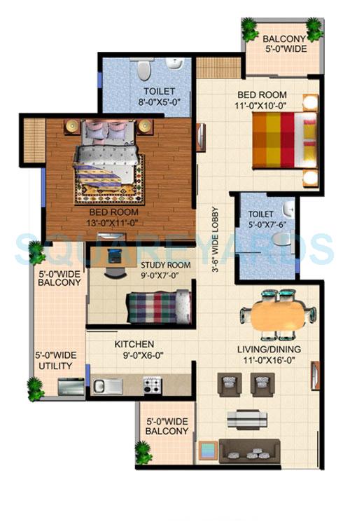 Floor plan of 2 BHK 1155 Sq. Ft. Apartment in Ajnara Panorama Facing F1, Greater Noida