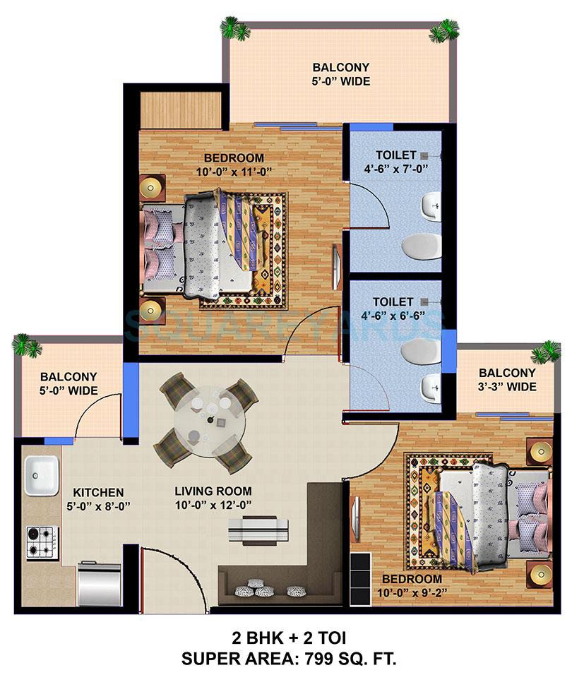 Floor plan of 2 BHK 799 Sq. Ft. Apartment in Ajnara Panorama Facing F1, Greater Noida