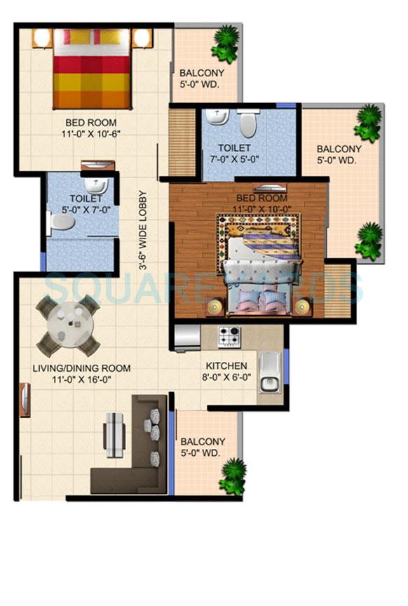 Floor plan of 2 BHK 975 Sq. Ft. Apartment in Ajnara Panorama Facing F1, Greater Noida
