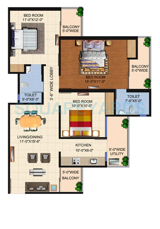 Floor plan of 3 BHK 1295 Sq. Ft. Apartment in Ajnara Panorama Facing F1, Greater Noida
