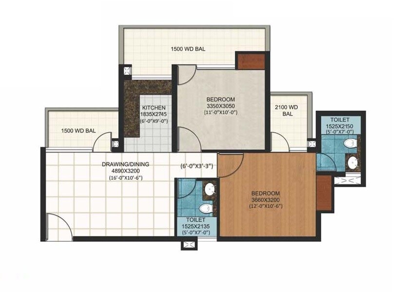 Floor plan of 2 BHK 1050 Sq. Ft. Apartment in Alpine AIGIN Royal Phase 2, Greater Noida