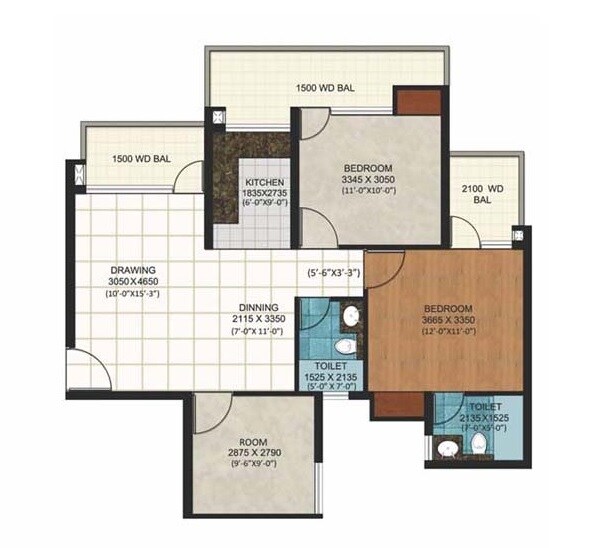 Floor plan of 2 BHK 1295 Sq. Ft. Apartment in Alpine AIGIN Royal Phase 2, Greater Noida