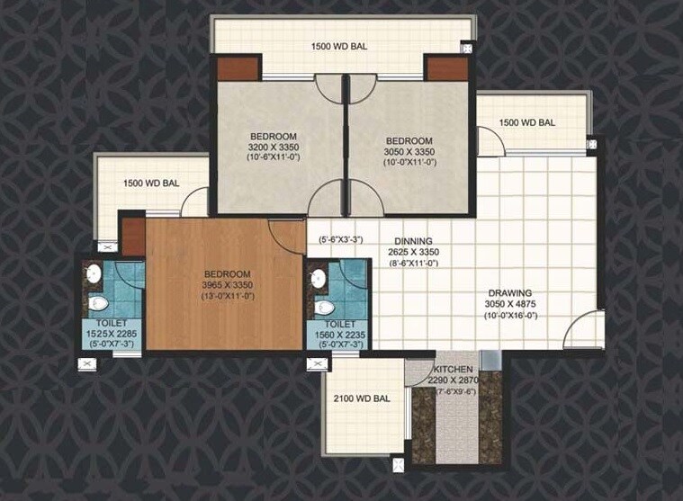 Floor plan of 3 BHK 1495 Sq. Ft. Apartment in Alpine AIGIN Royal Phase 2, Greater Noida