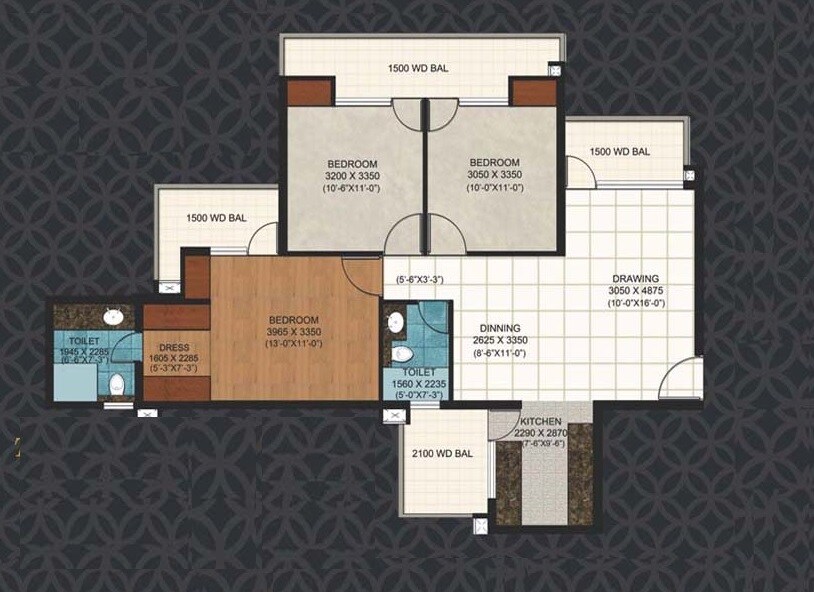 Floor plan of 3 BHK 1575 Sq. Ft. Apartment in Alpine AIGIN Royal Phase 2, Greater Noida