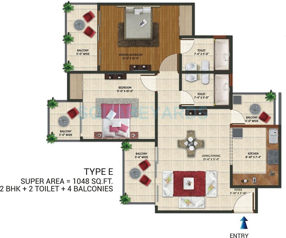 Floor plan of 2 BHK 1048 Sq. Ft. Apartment in Amaatra Homes, Greater Noida