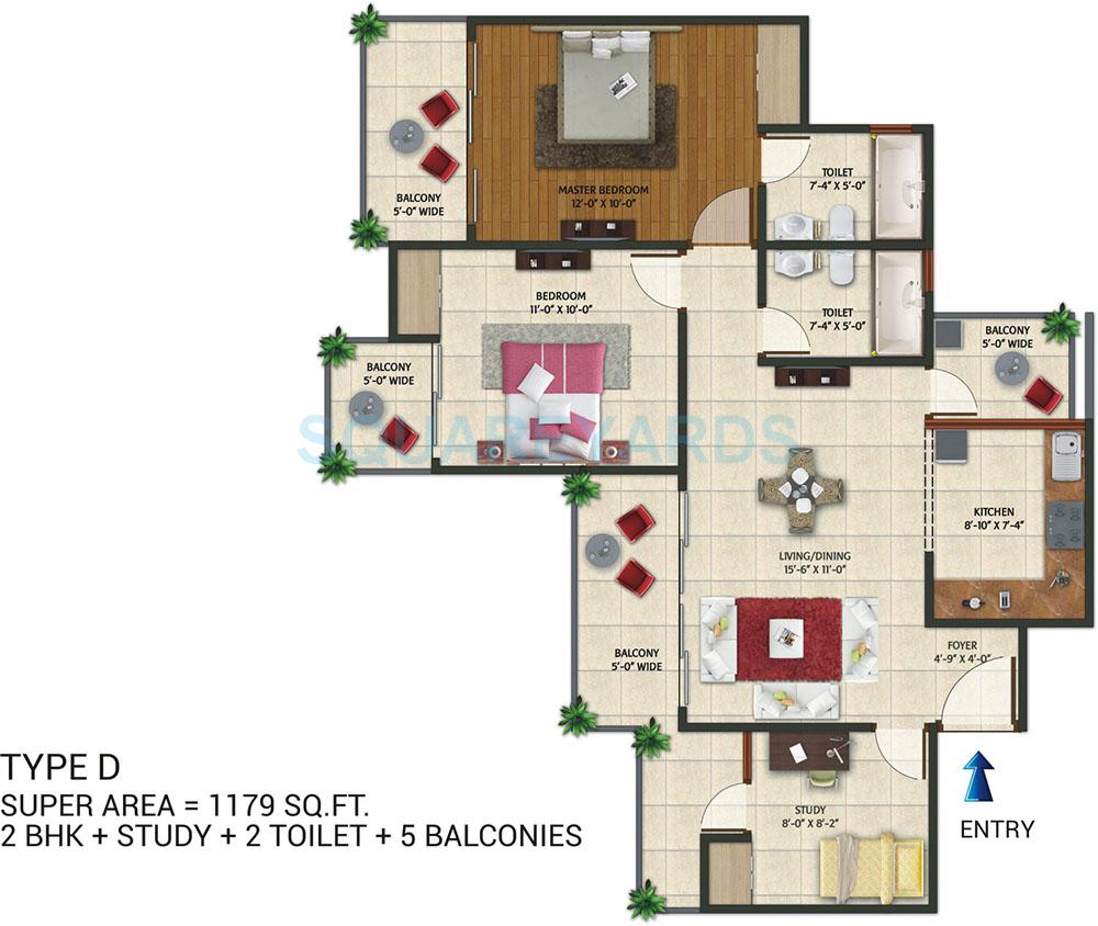 Floor plan of 2 BHK 1197 Sq. Ft. Apartment in Amaatra Homes, Greater Noida