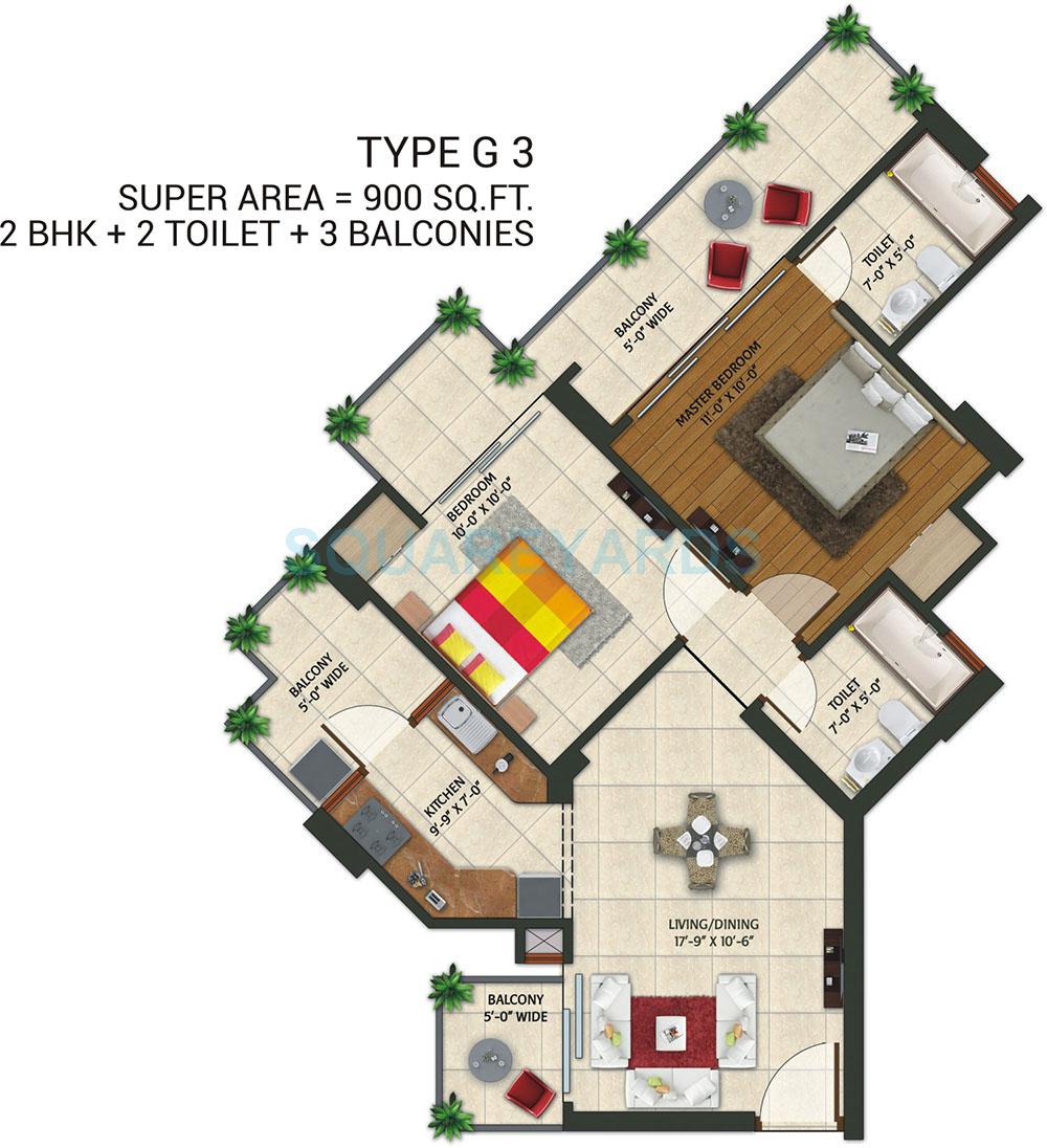 Floor plan of 2 BHK 900 Sq. Ft. Apartment in Amaatra Homes, Greater Noida