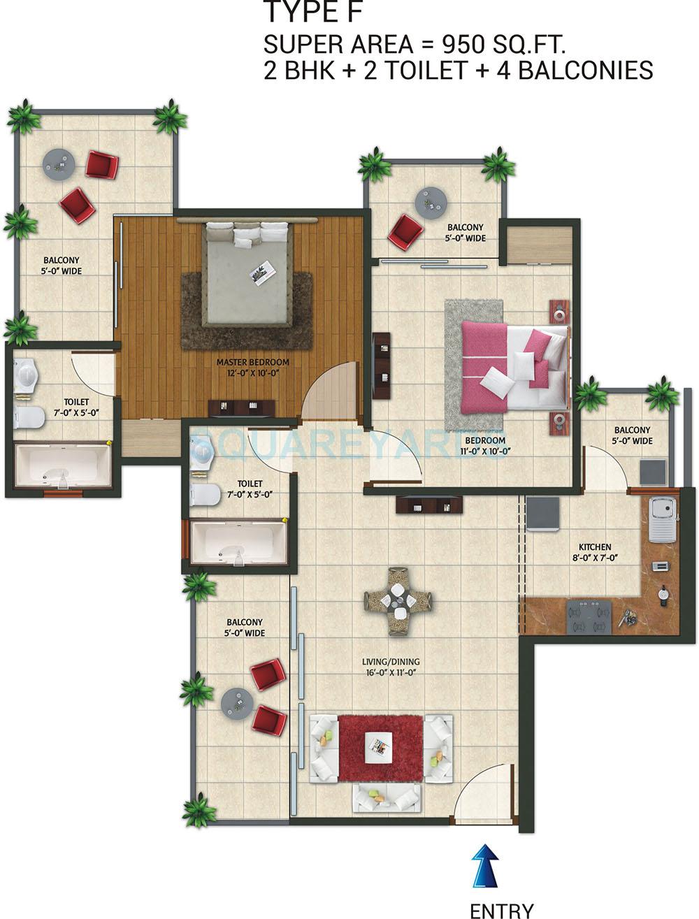 2 BHK 950 Sq. Ft. Apartment