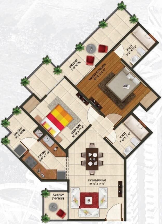 Floor plan of 2 BHK 965 Sq. Ft. Apartment in Amaatra Homes, Greater Noida