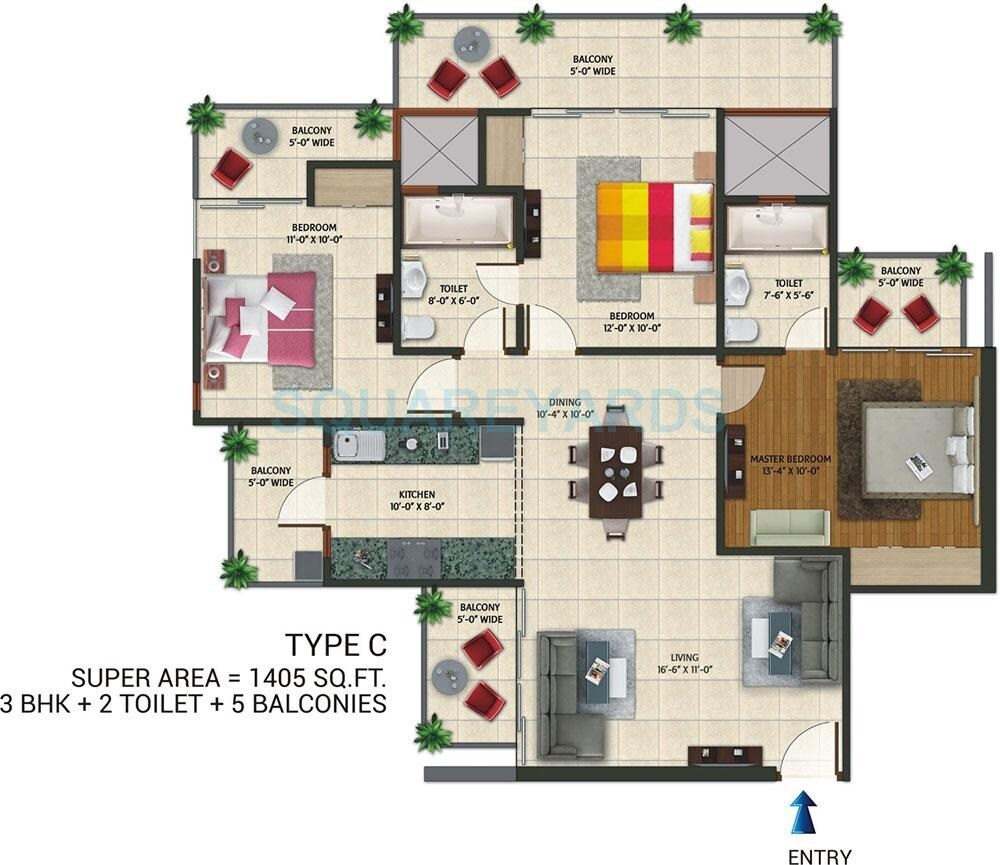 Floor plan of 3 BHK 1405 Sq. Ft. Apartment in Amaatra Homes, Greater Noida
